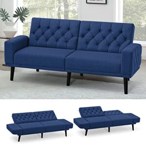 acmease 70” linen fabric futon sofa bed with adjustable backrests, tufted sleeper couch with convertible armrest, 82” extendable loveseat sofa with 2 pillows for living room, bedroom, blue
