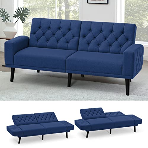 ACMEASE 70” Linen Fabric Futon Sofa Bed with Adjustable Backrests, Tufted Sleeper Couch with Convertible Armrest, 82” Extendable Loveseat Sofa with 2 Pillows for Living Room, Bedroom, Blue