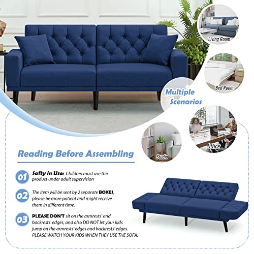 ACMEASE 70” Linen Fabric Futon Sofa Bed with Adjustable Backrests, Tufted Sleeper Couch with Convertible Armrest, 82” Extendable Loveseat Sofa with 2 Pillows for Living Room, Bedroom, Blue