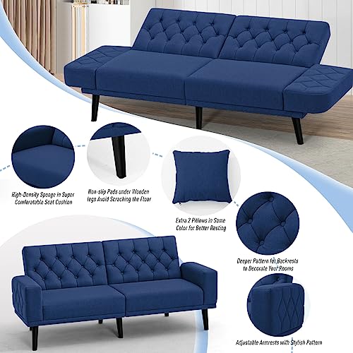 ACMEASE 70” Linen Fabric Futon Sofa Bed with Adjustable Backrests, Tufted Sleeper Couch with Convertible Armrest, 82” Extendable Loveseat Sofa with 2 Pillows for Living Room, Bedroom, Blue