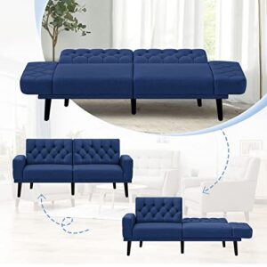 ACMEASE 70” Linen Fabric Futon Sofa Bed with Adjustable Backrests, Tufted Sleeper Couch with Convertible Armrest, 82” Extendable Loveseat Sofa with 2 Pillows for Living Room, Bedroom, Blue