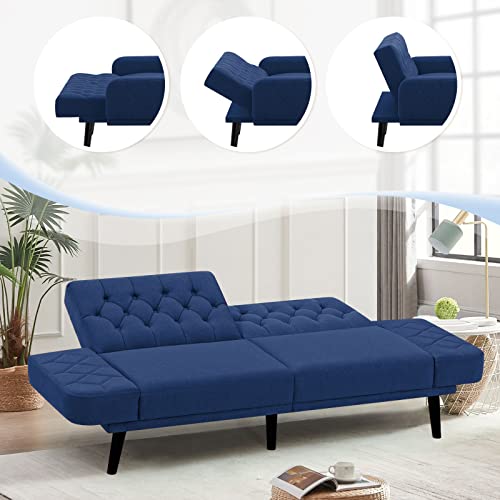 ACMEASE 70” Linen Fabric Futon Sofa Bed with Adjustable Backrests, Tufted Sleeper Couch with Convertible Armrest, 82” Extendable Loveseat Sofa with 2 Pillows for Living Room, Bedroom, Blue