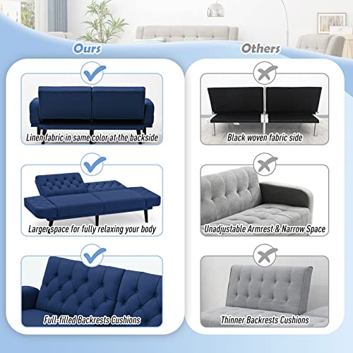 ACMEASE 70” Linen Fabric Futon Sofa Bed with Adjustable Backrests, Tufted Sleeper Couch with Convertible Armrest, 82” Extendable Loveseat Sofa with 2 Pillows for Living Room, Bedroom, Blue