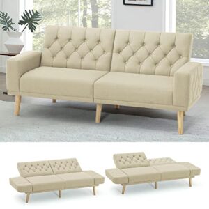 acmease 70” linen fabric futon sofa bed with adjustable backrests, tufted sleeper couch with convertible armrest, 82” extendable loveseat sofa with 2 pillows for living room, bedroom, beige