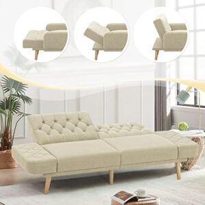 ACMEASE 70” Linen Fabric Futon Sofa Bed with Adjustable Backrests, Tufted Sleeper Couch with Convertible Armrest, 82” Extendable Loveseat Sofa with 2 Pillows for Living Room, Bedroom, Beige