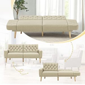 ACMEASE 70” Linen Fabric Futon Sofa Bed with Adjustable Backrests, Tufted Sleeper Couch with Convertible Armrest, 82” Extendable Loveseat Sofa with 2 Pillows for Living Room, Bedroom, Beige