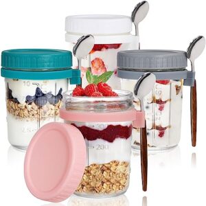 pumtus 4 pack overnight oats container with lid and spoon, 16 oz airtight glass mason oatmeal jars, on the go meal prep jars with measurement marks for milk, cereal, fruit, breakfast