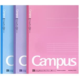 kokuyo campus notebook, 9-3/4“ x 7-1/2”, college ruled, 80 sheets (160 pages), bleed resistant, pack of 3 colors - pink, blue, lavender, made in japan (wsg-no-308cg1×3)