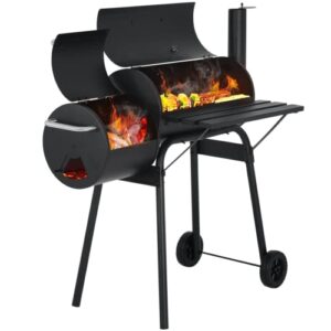 ginmaon charcoal grills outdoor, portable bbq grill offset smoker combo with wheels & cover, heavy-duty barbecue cooking grill with side fire box for 6-10 people backyard camping picnic patio, black