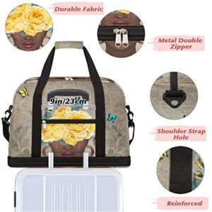 Travel Duffel Bag African Afro Woman Butterfly Sport Gym Bag for Woman Man,Waterproof Foldable Weekend Overnight Bag for Yoga Workout Training with Shoe Compartment