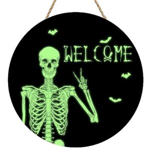 halloween door sign fluorescent skull door wreath wooden spooky skeleton welcome sign door hanger sign front for door decoration door hanging farmhouse porch wall decor indoor outdoor