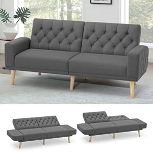 acmease 70” linen fabric futon sofa bed with adjustable backrests, tufted sleeper couch with convertible armrest, 82” extendable loveseat sofa with 2 pillows for living room, dark grey