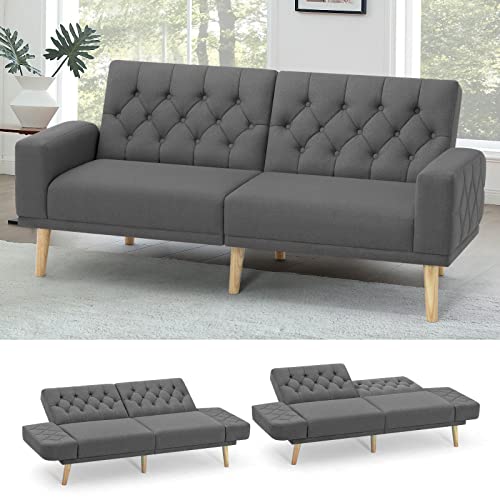 ACMEASE 70” Linen Fabric Futon Sofa Bed with Adjustable Backrests, Tufted Sleeper Couch with Convertible Armrest, 82” Extendable Loveseat Sofa with 2 Pillows for Living Room, Dark Grey