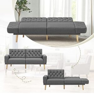 ACMEASE 70” Linen Fabric Futon Sofa Bed with Adjustable Backrests, Tufted Sleeper Couch with Convertible Armrest, 82” Extendable Loveseat Sofa with 2 Pillows for Living Room, Dark Grey