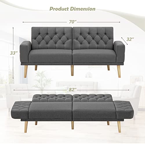 ACMEASE 70” Linen Fabric Futon Sofa Bed with Adjustable Backrests, Tufted Sleeper Couch with Convertible Armrest, 82” Extendable Loveseat Sofa with 2 Pillows for Living Room, Dark Grey