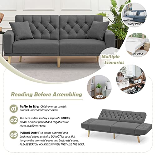 ACMEASE 70” Linen Fabric Futon Sofa Bed with Adjustable Backrests, Tufted Sleeper Couch with Convertible Armrest, 82” Extendable Loveseat Sofa with 2 Pillows for Living Room, Dark Grey