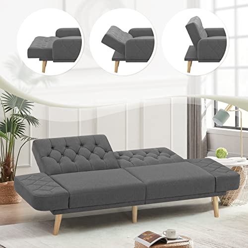 ACMEASE 70” Linen Fabric Futon Sofa Bed with Adjustable Backrests, Tufted Sleeper Couch with Convertible Armrest, 82” Extendable Loveseat Sofa with 2 Pillows for Living Room, Dark Grey