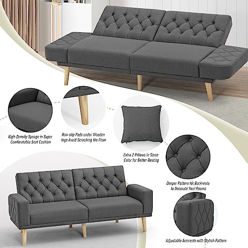 ACMEASE 70” Linen Fabric Futon Sofa Bed with Adjustable Backrests, Tufted Sleeper Couch with Convertible Armrest, 82” Extendable Loveseat Sofa with 2 Pillows for Living Room, Dark Grey