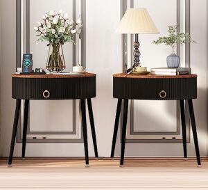 oiog side tables set of 2, round nightstand with drawer, modern bedside end tables for small space, living room, bedroom, office, dorm, rustic brown and black