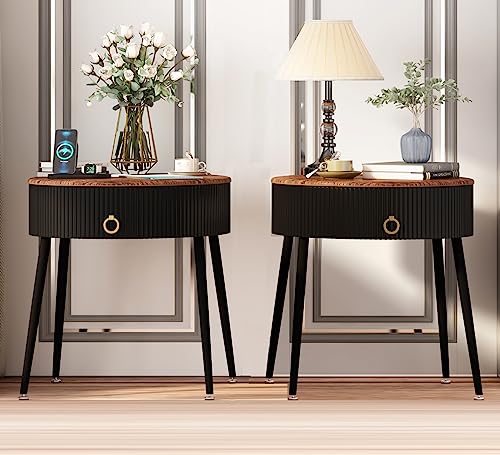 OIOG Side Tables Set of 2, Round Nightstand with Drawer, Modern Bedside End Tables for Small Space, Living Room, Bedroom, Office, Dorm, Rustic Brown and Black