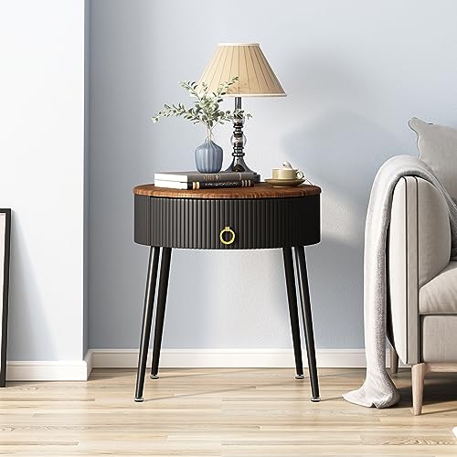 OIOG Side Tables Set of 2, Round Nightstand with Drawer, Modern Bedside End Tables for Small Space, Living Room, Bedroom, Office, Dorm, Rustic Brown and Black