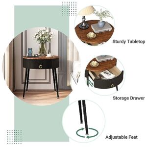 OIOG Side Tables Set of 2, Round Nightstand with Drawer, Modern Bedside End Tables for Small Space, Living Room, Bedroom, Office, Dorm, Rustic Brown and Black