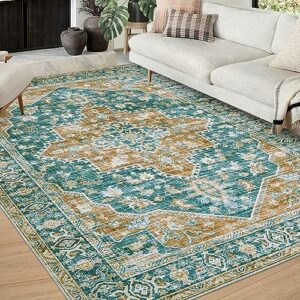 caremee area rug 5x7 vintage medallion distressed carpet for living room indoor soft bedroom rug low pile washable rug non-slip backing floor cover foldable thin rug home floor decor green