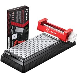 saker honing guide with whetstone - red off-center upgraded honing tool and diamond sharpening stone set kit for knife, short chisels and planes, fine/coarse plate, 400/1000/grit, (x39819)