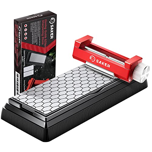 Saker Honing Guide with Whetstone - Red Off-Center Upgraded Honing Tool and Diamond Sharpening Stone Set Kit for Knife, Short Chisels and Planes, Fine/Coarse Plate, 400/1000/Grit, (X39819)