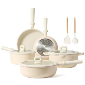 carote pots and pans set nonstick cookware sets 10 pcs induction cooking set dishwasher safe cookware w/frying pans & saucepans pfos pfoa free(cream granite)