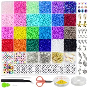 redtwo 8000pcs 3mm glass seed beads for bracelet making kit, small beads friendship jewelry making kit, tiny waist beads kit with letter beads and elastic string, diy art craft girls gifts