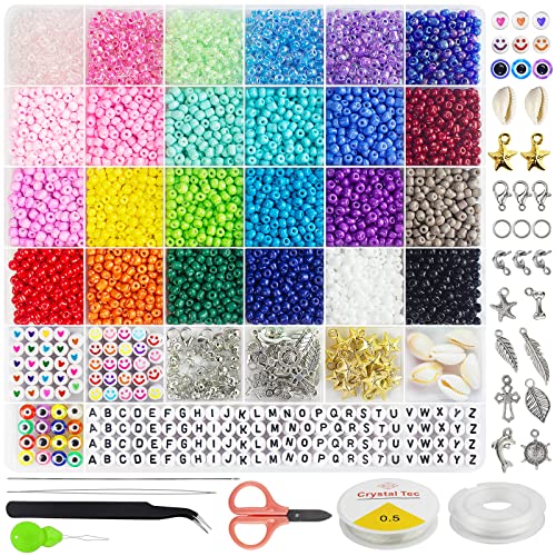 Redtwo 3400pcs 4mm Glass Seed Beads for Jewelry Bracelet Making Kit, Small Beads Friendship Bracelet Kit, Tiny Waist Beads Kit with Letter Beads and Elastic String, DIY Art Craft Girls Gifts (4mm)