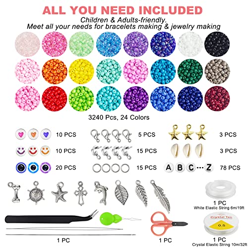 Redtwo 3400pcs 4mm Glass Seed Beads for Jewelry Bracelet Making Kit, Small Beads Friendship Bracelet Kit, Tiny Waist Beads Kit with Letter Beads and Elastic String, DIY Art Craft Girls Gifts (4mm)