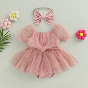 VISGOGO Summer Newborn Baby Girls Rompers Dress Flower Embroidery Mesh Short Sleeve Jumpsuits Headband Casual Outfits (Pink-mesh, 12-18 Months)