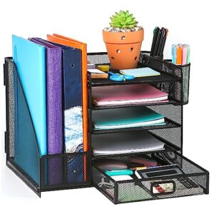 baingesk desk organizers and accessories, desk organizer with file holder, 5-tier paper letter tray organizer with drawer and 2 pen holder, mesh desktop organizer and storage for office supplies
