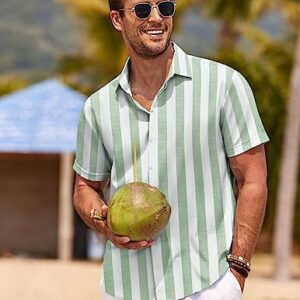 COOFANDY Men's Linen Cotton No Wrinkle Short Sleeve Button Down Shirts Pink Green Stripe