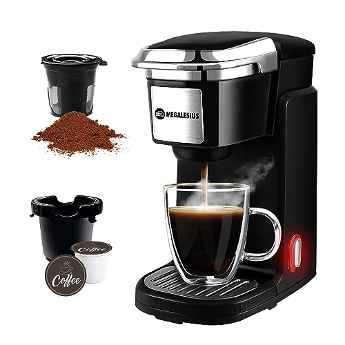 Megalesius Single Serve Coffee Maker, 2 In 1 Mini Coffee Maker For Single Cup Pods & Ground Coffee, 10 Oz Brew Sizes, One Cup Coffee Maker With One-Button Control, Rapid Brew