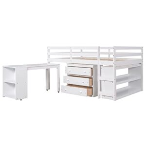 BIADNBZ Full Size Low Loft Bed with Rolling Portable Desk, Cabinet and Shelves, Multiple Functions Pine Wood Bedframe for Kids Teens Bedroom Dorm, Space Saving, White