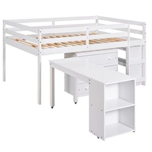 BIADNBZ Full Size Low Loft Bed with Rolling Portable Desk, Cabinet and Shelves, Multiple Functions Pine Wood Bedframe for Kids Teens Bedroom Dorm, Space Saving, White