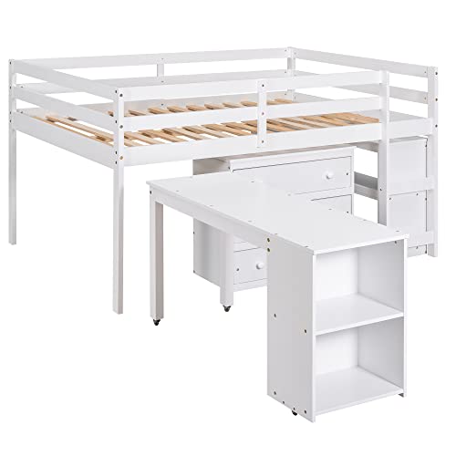 BIADNBZ Full Size Low Loft Bed with Rolling Portable Desk, Cabinet and Shelves, Multiple Functions Pine Wood Bedframe for Kids Teens Bedroom Dorm, Space Saving, White