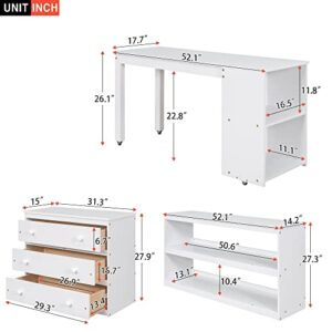 BIADNBZ Full Size Low Loft Bed with Rolling Portable Desk, Cabinet and Shelves, Multiple Functions Pine Wood Bedframe for Kids Teens Bedroom Dorm, Space Saving, White