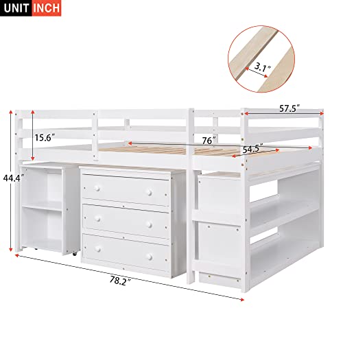 BIADNBZ Full Size Low Loft Bed with Rolling Portable Desk, Cabinet and Shelves, Multiple Functions Pine Wood Bedframe for Kids Teens Bedroom Dorm, Space Saving, White