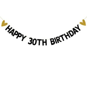 happy 30th birthday banner,pre-strung,black paper glitter party decorations for 30 years old 30th birthday party supplies letters black zhaofeihn