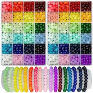 gaspletu 1200pcs glass beads for jewelry making, 24 colors 8mm crystal beads bracelets making kit, 2 box round beads suitable for beginners