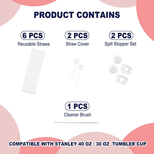 3-in-1 Stanley Cup Accessories, 6 Reusable Straws, 2 Straw Cover Caps, 2 Spill Stoppers Set, Compatible With Stanley 40 Oz Tumbler With Handle & 30 Oz Stanley Tumbler Cups for Replacement & Leak Proof