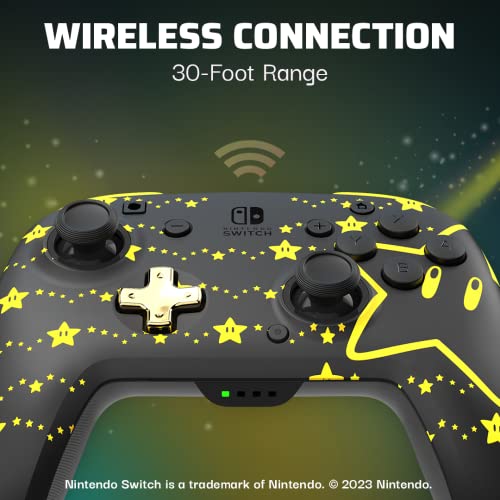 PDP REMATCH Enhanced Wireless Nintendo Switch Pro Controller - Rechargeable Battery Powered, Mario Super Star Glow in the Dark