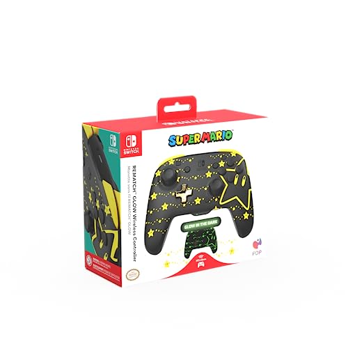 PDP REMATCH Enhanced Wireless Nintendo Switch Pro Controller - Rechargeable Battery Powered, Mario Super Star Glow in the Dark