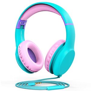 fospower kids headphones (safe volume limit 85 db), childrens headphones over the ear with built-in mic, 3.5mm tangle-free cable for boys/girls/school - mint/pink