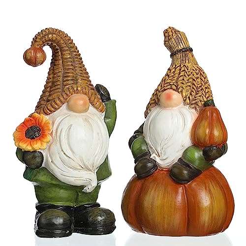 Argodaze 2PCS Thanksgiving Decor Figurines Resin Pumpkin Gnomes Fall Statues Halloween Christmas Handmade Harvest Indoor Home Farmhouse Decorations