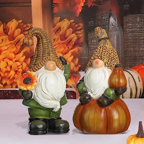 Argodaze 2PCS Thanksgiving Decor Figurines Resin Pumpkin Gnomes Fall Statues Halloween Christmas Handmade Harvest Indoor Home Farmhouse Decorations